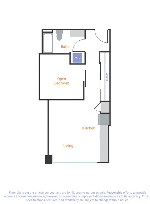 Floor plan for 1 bed, 1 bath, 566 sqft